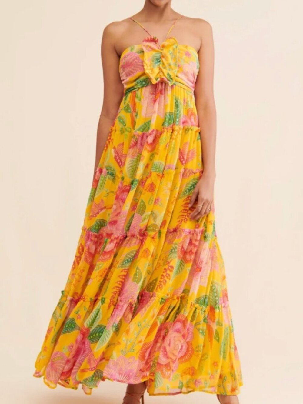 Farm Rio Macaw Embellished Tiered Maxi Dress